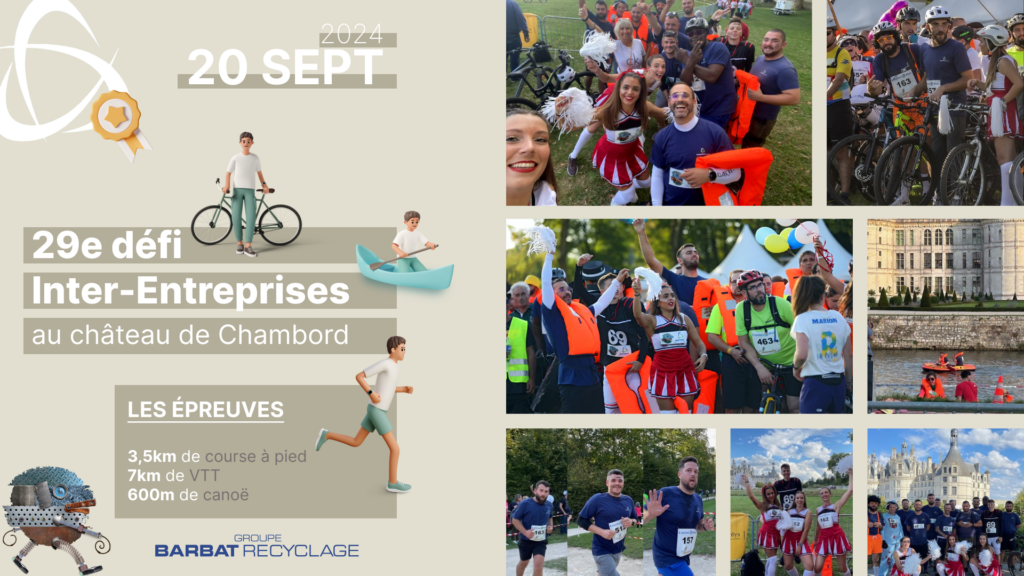 La 29ème édition du Défi Interentreprises s’est tenue le 20 septembre dernier à Chambord. Cet événement vise à réunir les entreprises du tissu économique blésois à travers des épreuves sportives, favorisant ainsi les échanges entre services et sociétés, dans une ambiance conviviale et sportive. Les équipes, composées de quatre participants, se sont affrontées lors de trois épreuves en relais : une course à pied de 3,5 km, un parcours VTT de 7 km et une épreuve de canoë (deux personnes) sur une distance de 600 mètres. Pour la première fois cette année, 4 équipes ont représenté le groupe BARBAT. Soleil , bonne humeur et ambiance chaleureuse étaient au Rendez-vous. Nous avons pu nous retrouver le soir autour d’un diner au Jeu de Paume pour assister à la remise des récompenses.